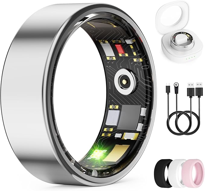 Smart Ring for Women & Men, Health Monitoring Ring with Heart Rate, Blood Oxygen,Blood Pressure, IP68 Waterproof Fitness Ring, Sleep Monitoring for iPhone and Android, No APP Fee(Silver,14#)