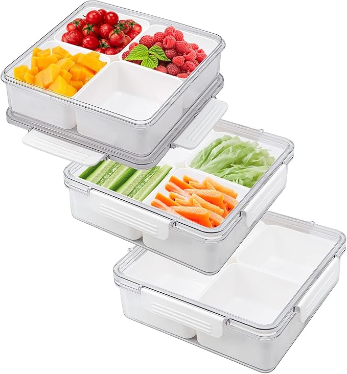 MineSign 3Pack Snackle Box Divided Veggie Serving Tray with Lid Salad Keeper with 4 Removable Boxes Stackable Refrigerator Organizer Bins Produce Saver for Meal Prep Fruit Vegetable Lunch Meat