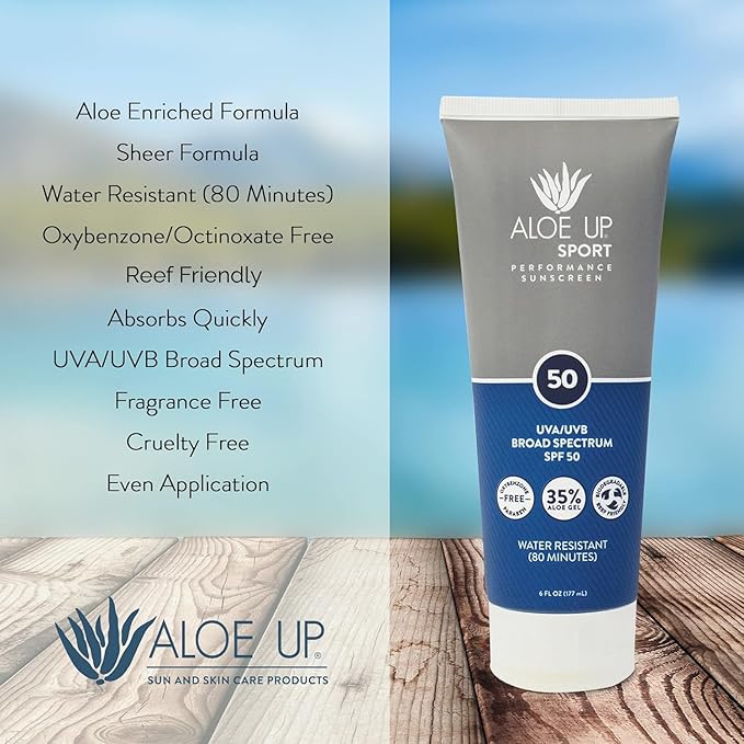 Aloe Up Sport Sunscreen Lotion SPF 50 - Broad Spectrum UVA/UVB Sunscreen Protector for Face and Body - With Hydrating Aloe Vera Gel - Non-Greasy - No White Cast - Reef Safe - Fragrance-Free - 6 Oz.