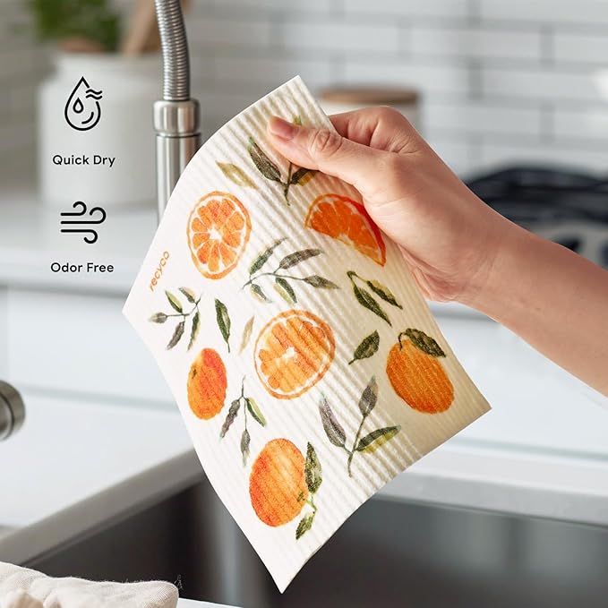 RECYCO Swedish Dishcloths for Kitchen | 5 Pack Washable Dish Rags | Cellulose Reusable Cleaning Paper Towels | Absorbent Counter Dish Cloth Sponge Kitchen Wipes, 8" L x 7" W