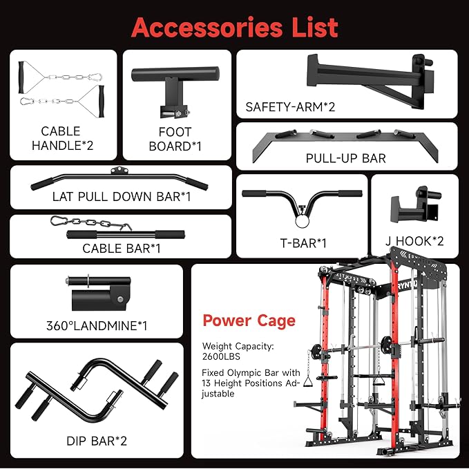 Smith Machine Power Rack, Eryntix All-in-One Power Cage with Cable Crossover, Squat Rack, LAT Pulldown & Pull-Up Bar, 2600LBS Capacity Home Gym Equipment with 18 Attachments for Strength Training