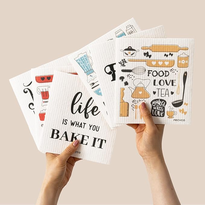 RECYCO Swedish Dishcloths for Kitchen | 6 Pack Kitchens Love Washable Dish Rags | Cellulose Reusable Cleaning Paper Towels | Absorbent Counter Dish Cloth Sponge Kitchen Wipes, 8" L x 7" W