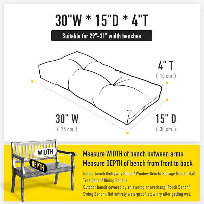 SUNROX LokGrip Non Slip Tufted Memory Foam Bench Cushion, FadeShield Water Resistant Durable Thicken Outdoor/Indoor Bench Seat Pads 30x14x4 inch, Heather Black