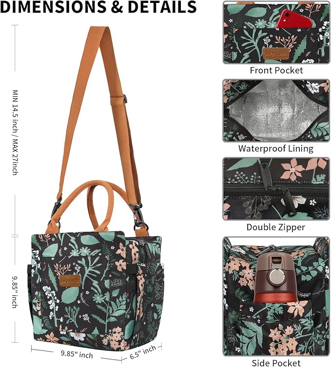 Joymee Lunch Bag - Large Capacity, Insulated, Reusable, Durable, Adjustable Shoulder Strap, Green Leaf