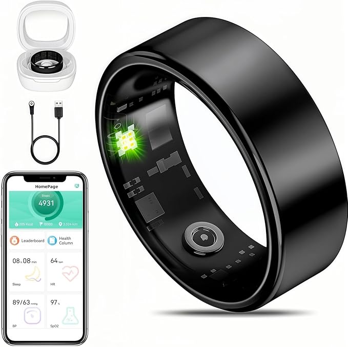 Smart Ring Fitness Tracker for iOS & Android – Sleep Monitor Heart Rate Blood Oxygen & Pressure 8 Sports Modes IP68 Waterproof NO Subscription Long Battery Life (Carbon Black, 11#)