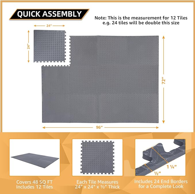 12 Pack, 48 SQFT - 24" x 24" - 1/2" Extra Thick Floor Exercise Mat for Home Gym or Floor Padding - High-Density EVA Interlocking Foam Floor Tiles for Gym Equipment, Play Area | Yoga, Cardio, Weights