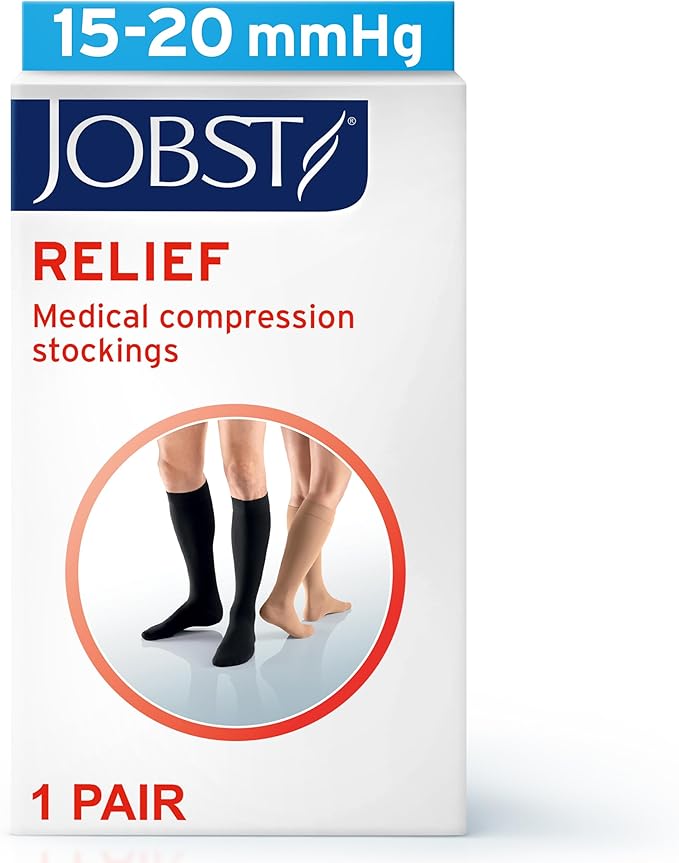 JOBST Relief Knee High Graduated Compression Socks, 15-20 mmHg - Comfortable Unisex Design - Closed Toe, Black, Petite Large Full Calf