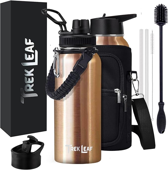 Travel Water Bottle with Carrying Bag, 3 Lids (Spout, Straw, Flip), and Bottle Brush; Leak Proof, Quality, Vacuum Insulated, Stainless Steel (Rose Gold, 32 oz)