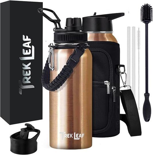 Travel Water Bottle with Carrying Bag, 3 Lids (Spout, Straw, Flip), and Bottle Brush; Leak Proof, Quality, Vacuum Insulated, Stainless Steel (Rose Gold, 32 oz)