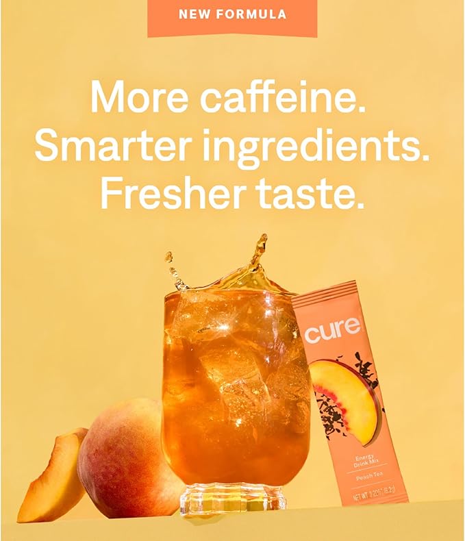 Cure Hydration Performance | Plant-Based Electrolyte Energy Drink Mix | No Added Sugar | Dehydration Relief Powder | 100mg of Caffeine | Non-GMO | Vegan | Pouch of 14 Packets - Peach