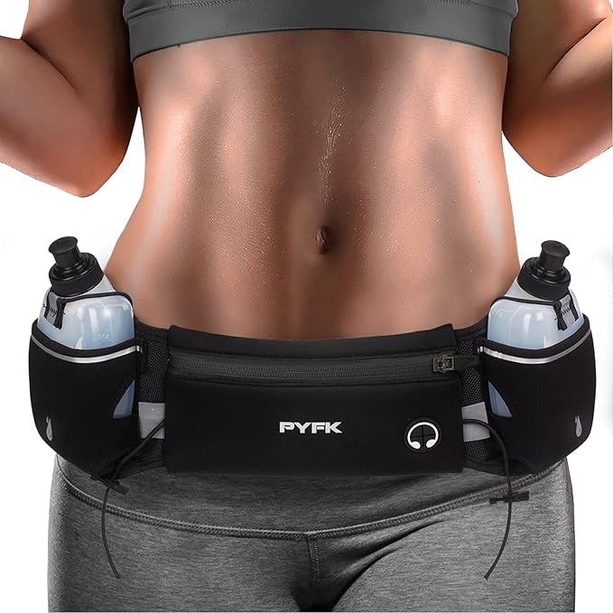 PYFK Running Belt with Water Bottles, Hydration Belt for Men and Women, Water Bottle Holder Running Pouch Water Belt, Fanny Pack Fits 7 inches Phones, Waist pack for Runner Jogging