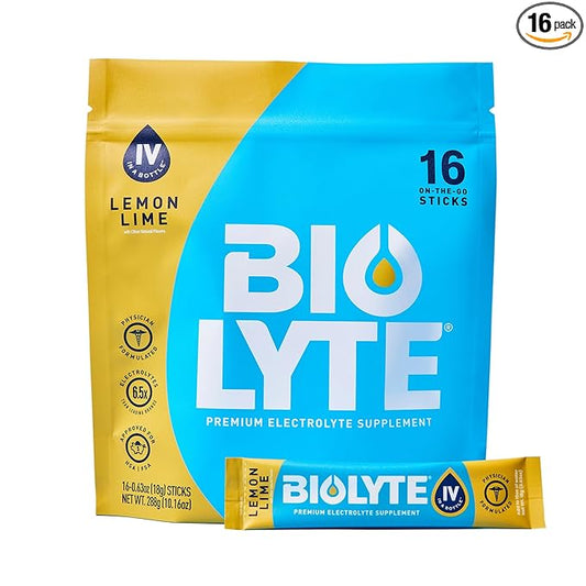 BIOLYTE IV Electrolyte Powder Packets, IV Liquid Drink Mix for Water, Doctor-Developed Hydration, HSA & FSA Approved Dehydration Relief, Chemotherapy Must Haves for Women & Men- Lemon Lime (16 Sticks)