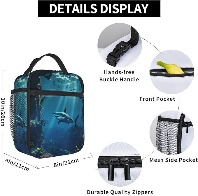 Lunch Box for Women Men, Shark Ocean Insulated Lunch Box Reusable Portable Lunch Bag Cooler Tote Waterproof Lunch Container for Office Picnic Work Travel Hiking