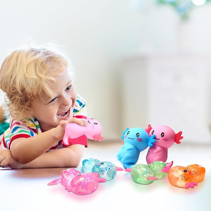 Meooeck 12 Pack Axolotl Stress Relief Toys Glitter Axolotl Starfish Stress Balls Fun Relaxing Squeeze Fidget Toys Relieve Anxiety Squeeze for Birthday Party Goodie Bag Stuffers(Cute)