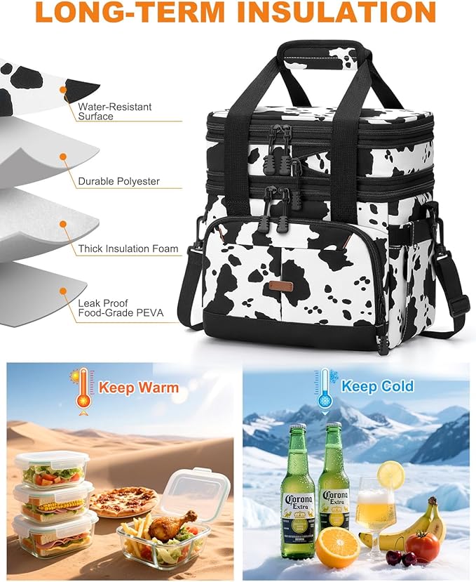 Lunch Box For Men Women Double Deck Insulated Lunch Bag For Men Woman Leakproof Expandable Cooler Bag with Adjustable Shoulder Strap for Work Picnic School(Cow Print,Medium)
