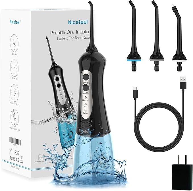 Cordless Water Flosser Teeth Cleaner, Nicefeel 300ML Portable and Rechargeable Oral Irrigator for Travel, IPX7 Waterproof, 3-Mode Water Flossing with 4 Jet Tips for Family