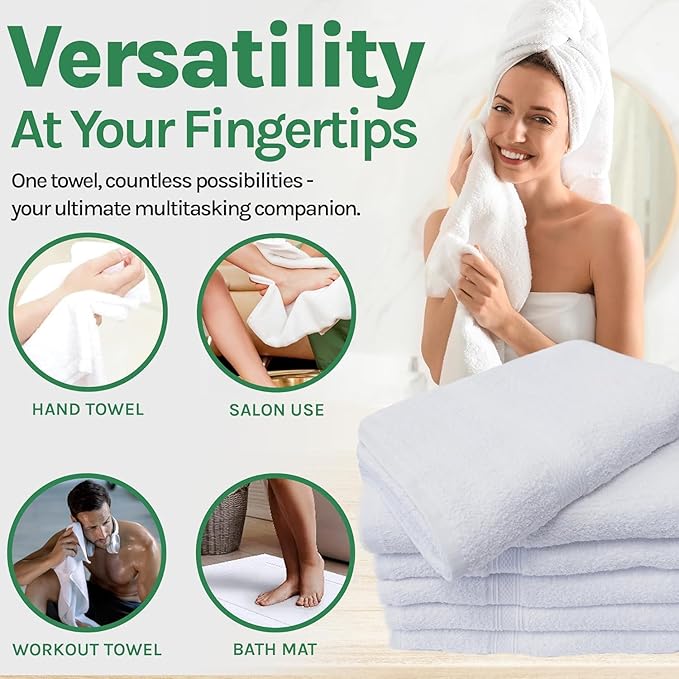 Towels N More - Super Absorbent Easy Care 100% Cotton Towels Ring Spun Loop - Home Essentials White and Soft Bathroom Towels Set Ideal Use for Gym, Beach, Hotels, Hair Dry Salon 22x44 (36, 22x44)