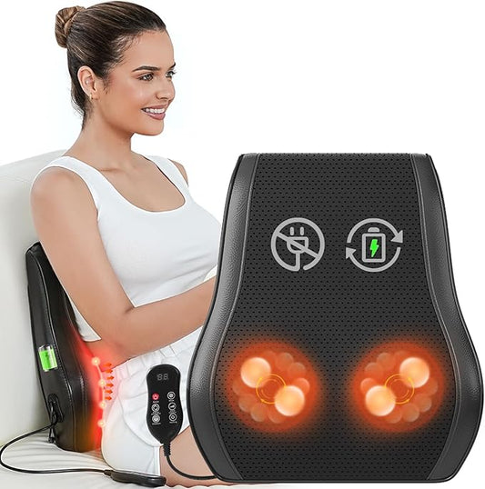 Rechargeable Back Massager with Heat, Shiatsu Neck Massager for Pain Relief Deep Tissue, 4D Kneading Massage Pillow for Neck Shoulder Leg Waist and Abdominal, Suit for Office, Home and Car