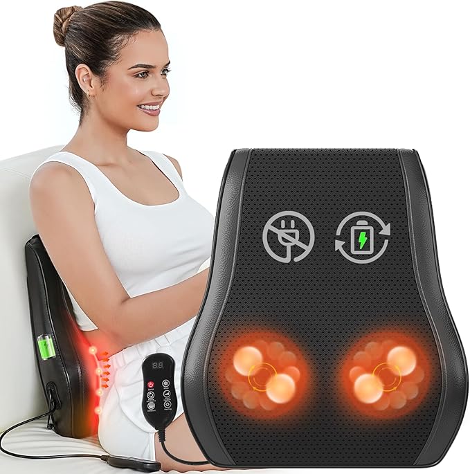 Rechargeable Back Massager with Heat, Shiatsu Neck Massager for Pain Relief Deep Tissue, 4D Kneading Massage Pillow for Neck Shoulder Leg Waist and Abdominal, Suit for Office, Home and Car