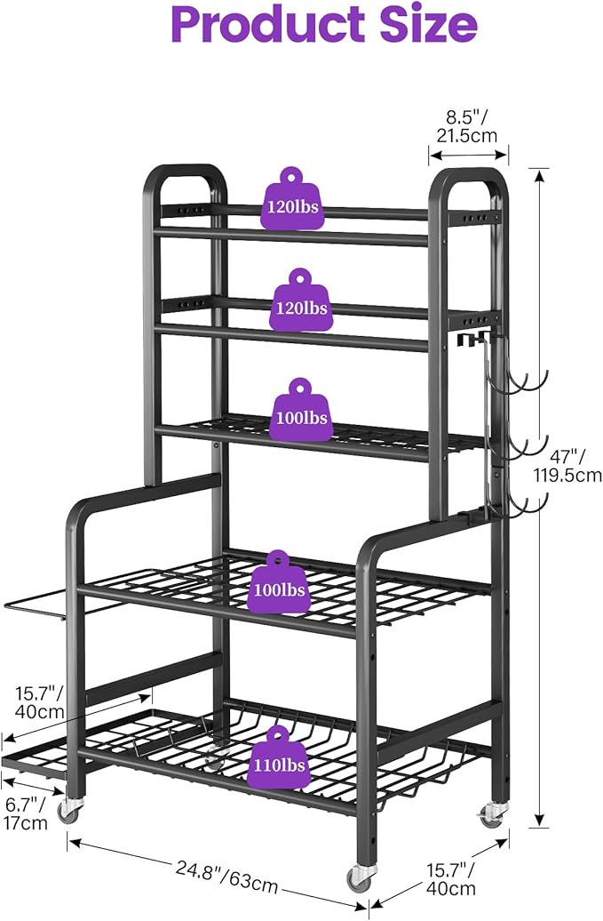 Homeiju Dumbbell Rack, Weight Rack for Home Gym, Yoga Mat Storage Holder with Lockable Wheels, Dumbbell Stand with Hooks, All in One Work out Equipment Storage for Yoga Mat Dumbbell and Balls