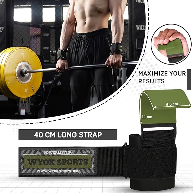 WYOX Weight Lifting Hooks for Men & Women (Pair) โ Heavy Duty Wrist Support Straps with Hooks for Deadlifts, Pull Ups, Shrugs โ Gym Lifting Straps with Grip Assist for Weightlifting & Strength Training