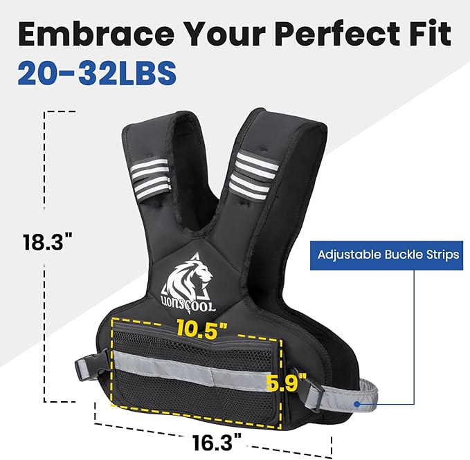 LIONSCOOL Weighted Vest for Men and Women, 4-10LB/11-20LB/20-32LB Adjustable Body Weight Vest with 6 Ironsand Weights & Reflective Stripes for Weight loss, Walking, Running, Cardio and Strength Training