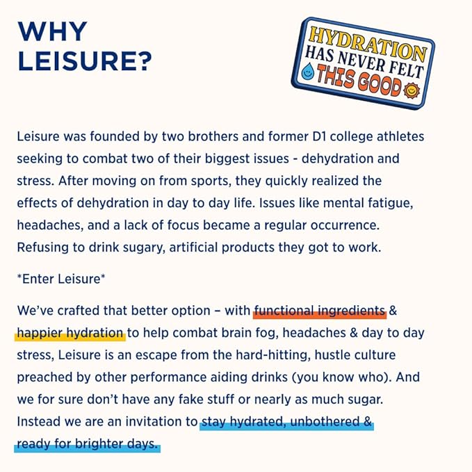 Leisure Hydration Non-Carbonated Electrolyte Refresher, Lemonade Flavor - Low Sugar Nutrient Enhanced Water Beverage - Get The Best Hydration Packed w/ Magnesium & Ashwagandha For Mood & Stress Support, Non-GMO, 16 oz (12-Cans)