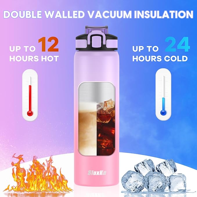 24oz Insulated Water Bottle with Straw Lid, BPA-Free,Leak Proof 18/8 Stainless Steel Metal Vacuum Drinking Bottle for School, Camping, Sports, Work