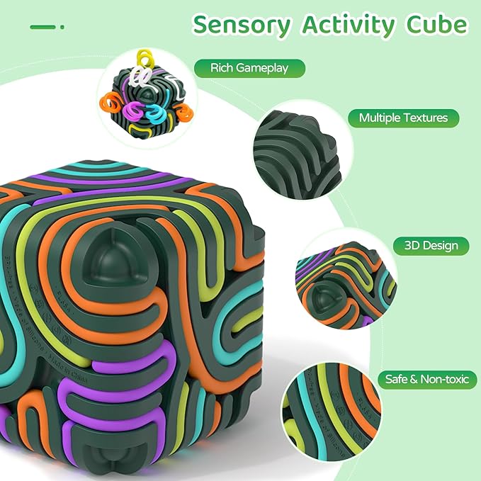 Accevo 3D Sensory Activity Board, Silicone Fidget Cube Toy for Stress Relief, Calming, Focus, ADHD and Autism, 5 Colors Sensory Toys Game Controller for Kids 3+ & Adults with 15 Strings