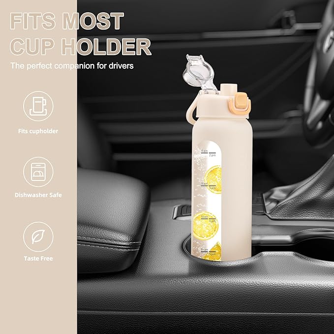 32 oz Glass Water Bottles with 2 Lids-Handle Spout Lid & Straw Lid, 1 Liter Motivational Borosilicate Water Bottle with Time Marker and Silicone Sleeve,Leakproof-White-1 Pack