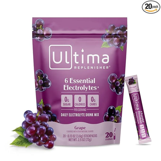 Ultima Replenisher Daily Electrolyte Powder Drink Mix – Sugar Free – Grape, 20 Stickpacks – Hydration Packets with 6 Key Electrolytes and Trace Minerals – Keto Friendly, Vegan, Non-GMO