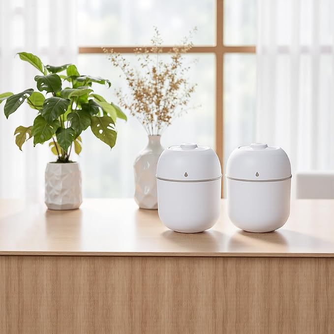 2 Pcs 220ML Small Diffuser Humidifier, Mini Aromatherapy Diffuser for Home, Office, Bedroom, Spa, Yoga Room, Car Air Humidifier with 5 Color Light, Timer, Auto Shut-Off, 2 Mist Modes -White