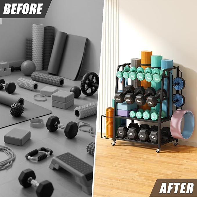 600LBS Weight Rack For Home Gym, Vopeak Dumbbell Rack Stand Only, Adjustable Weight Rack For Dumbbells, Kettlebells Yoga Mat, Home Gym Storage Rack With Wheels And Hooks, Powder Coated Finish Steel