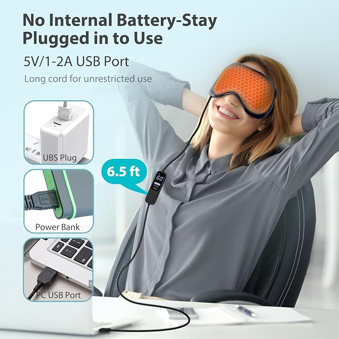 Ezona Heated Eye Mask, Warm Eye Compress Mask, USB Electric Eye Heating Pad with Temperature & Timer Control, Dry Eye Mask for Dry Eyes Blepharitis Sinus Migraine Stye MGD Puffiness Black