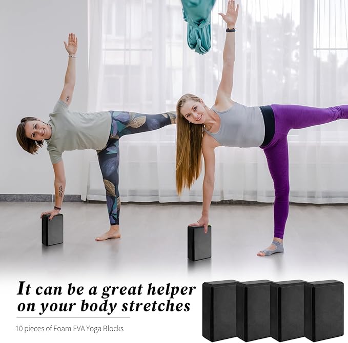 Yilloog 10 Pcs Foam Eva Yoga Blocks Non Slip Lightweight Bricks Yoga Bulk Supportive Blocks Prop Accessories for Pilates Stretching and Meditation Women Men Yogi Beginners, Black