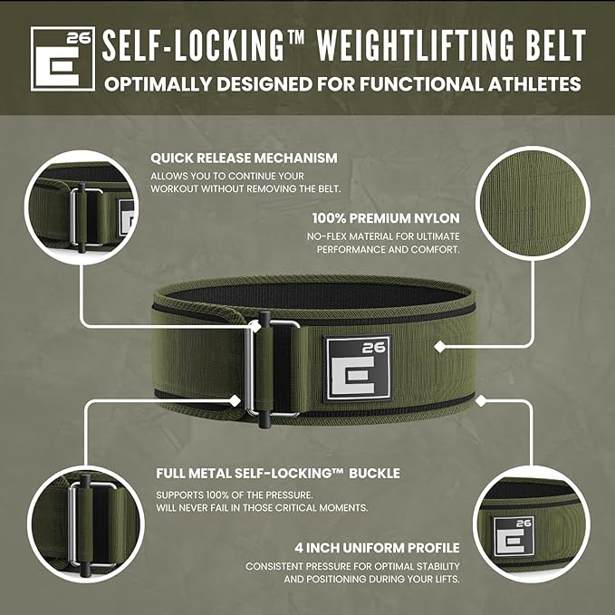 Element 26 Self-Locking Weight Lifting Belt - Premium Weightlifting Belt for Serious Functional Fitness and Olympic Lifting Athletes - Lifting Support for Men and Women - Deadlift Training Belt