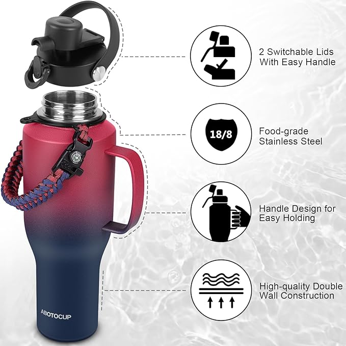 Water Bottle 40oz, Insulated Tumblers with Handle & Straw Lid, Insulated Water Bottle Fits in Cup Holder, Double Wall BPA-Free, Stainless Steel Travel Cup Leak-proof to Keep Cold 24H&Hot12H