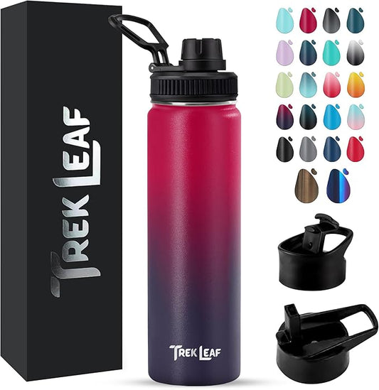 Travel Water Bottle with 3 Lids (Spout, Straw, Flip) Leak Proof, Quality, Vacuum Insulated, Stainless Steel (Mixed Berry, 22 oz)