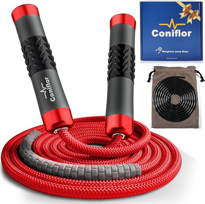 Weighted Jump Rope, 1LB Tangle-Free Ball Bearing Rapid Speed Skipping Rope for Men Women, Adjustable 9mm Cotton & PVC Rope with Alum Handle for Boxing MMA Weight-Loss Athletic Workout Fitness