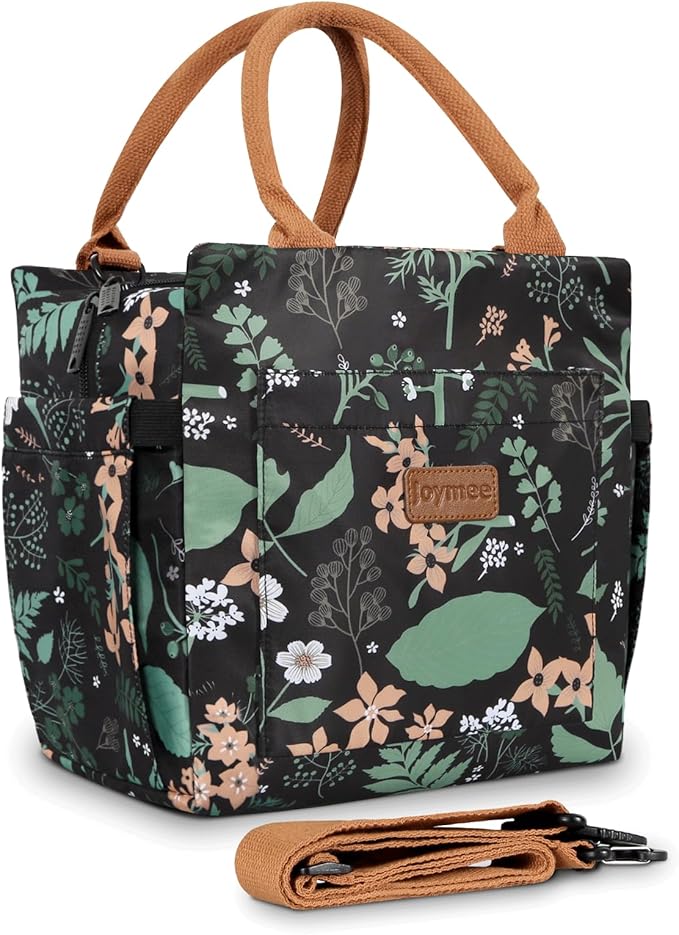 Joymee Lunch Bag - Large Capacity, Insulated, Reusable, Durable, Adjustable Shoulder Strap, Green Leaf