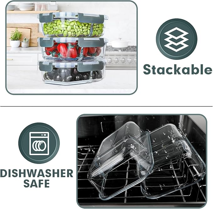 VERONES 10 Pack Glass Meal Prep Containers 2 Compartment Set, 30 OZ Airtight Glass Lunch Containers, Glass Food Storage Containers with Lids, for Microwave, Oven, Freezer & Dishwasher Friendly,Grey