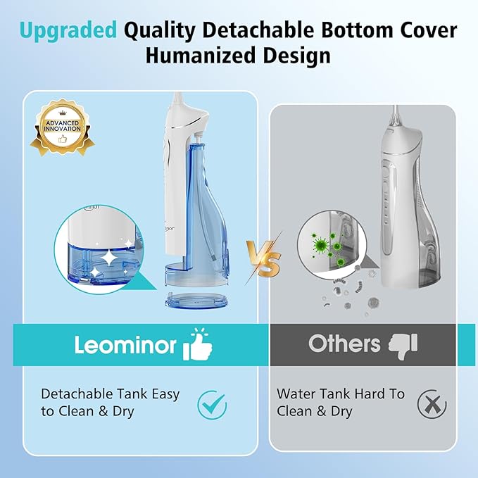 Leominor Water Dental Flosser Pick for Teeth, 300ML Portable Oral Irrigator Upgraded Tank Removable,IPX7 Waterproof, Rechargeable Travel Teeth Cleaner, Professional Electric Flossing (Blue White)