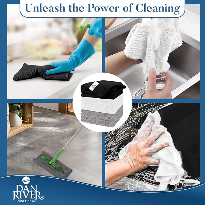 DAN RIVER 24-Pack Microfiber Towels โ Ultra Absorbent, Lint-Free & Streak-Free Kitchen Rags Cleaning for Home, & Car - Must-Have Cleaning Essentials - 12" x 12" - Gray White Black