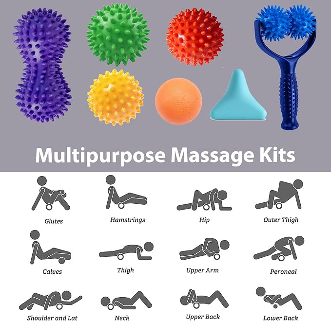 Massage Ball Set for Myofascial Trigger Point Release & Deep Tissue Massage, Kit of 7-3 Sizes Spiky Massage Balls, Peanut Ball, 1 Hand Roller Ball,1 Trigger Point Massager,1 Massage Lacrosse Ball