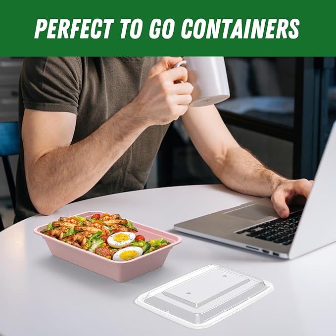 50 Pack (100-Piece) 32 oz Meal Prep Containers Reusable with Easy Open Lids, Sturdy Leakproof Food Safe, Microwave Freezer Dishwasher Safe, To Go Take Out Plastic Food Storage Pans with Lids, Pink