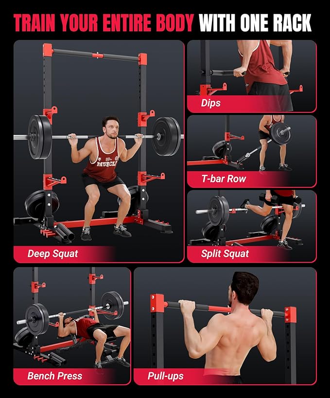 YOLEO Squat Rack with Adjustable Pull-Up Bar & Extended Safety Arms, Multi-Functional Power Racks Squat Stand for Home Gym, Garage & Basement, 35"-67" Width, Fixed 83” Frame Height, Pull-Up Bar Height 71.5"-80.5", Fits 6FT & 7FT Barbells