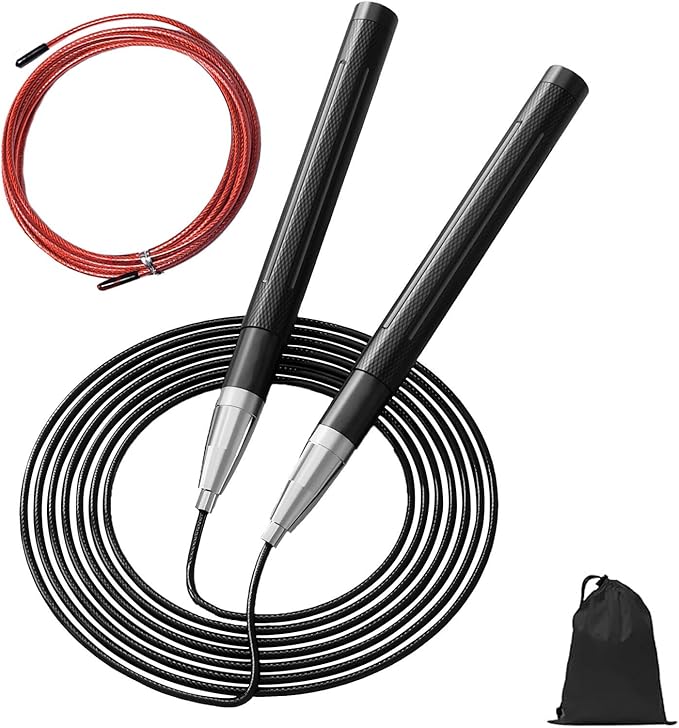 Speed Jump Rope for Men Women, Fitness Skipping Rope with Aluminium Handle and 2 Ropes, Self-Locking Design Adjustable Jumping Rope for Adult Workout Boxing