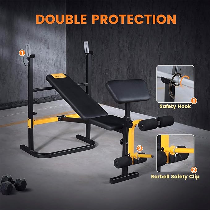 SPORTSOUL Adjustable Weight Bench Press Set with Squat Rack Dual Function Leg Exercises Preacher Curl Rack Pad Strength Training for Home Gym Full Body Workout Multi-functional, Balck and yellow