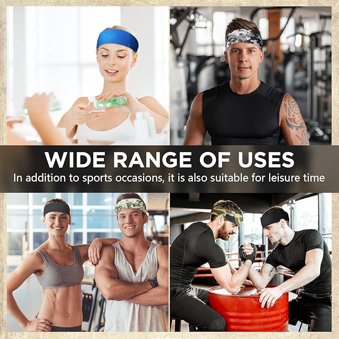 18 Pcs Sports Sweatbands for Men Women Camo Headbands Workout Non Slip Headbands Breathable Head Band Fitness Stretchy Unisex Hairband for Yoga Running Cycling Ball