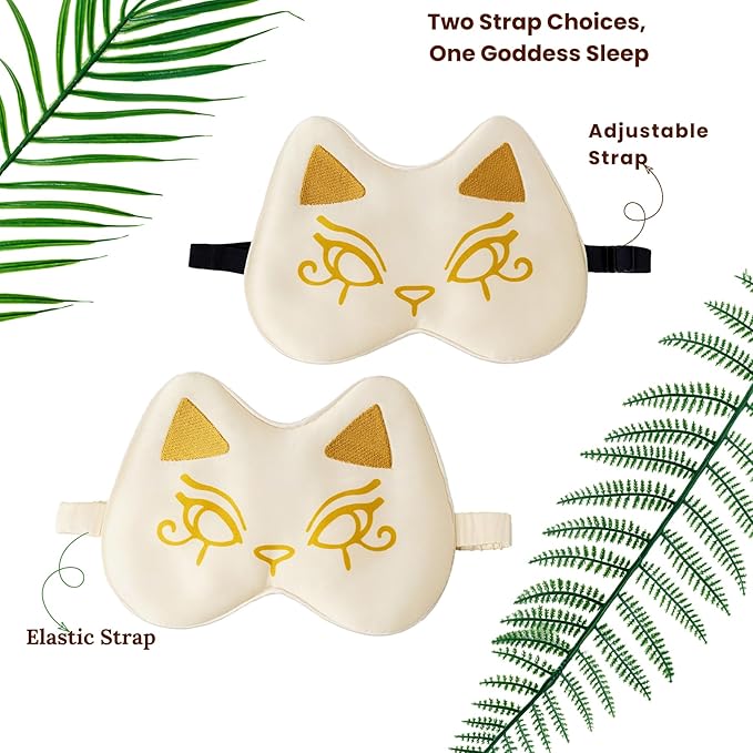 Silk Sleep Mask Blindfold Eye Mask for Sleep Cute Cat Print Embroidered Eye Cover Adjustable Oversized Egyptian Bastet with Gift Box&Pouch(Isis Ivory-Adjustable Strap)